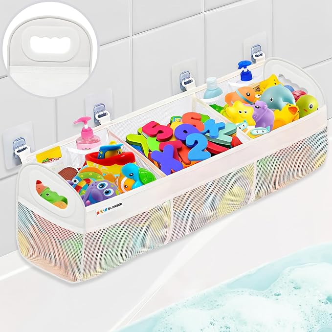 Bath Toy Storage for Bathtub – Large Bath Toy Holder & Bath Toy Net, Kids Bathtub Toy Storage Bag Organizer with 6 Strong Adhesive Hooks, Quick-Dry Mesh Bathroom Toy Holder Basket for Tub & Shower