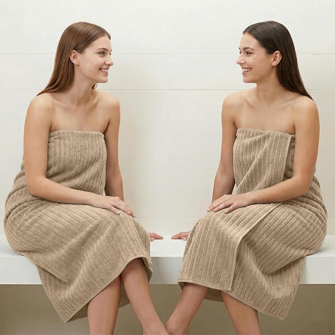 RIVERSIDE Pack of 2 Extra Large Bath Sheet Towels, 35 x 70 Inches, 600 GSM, Ribbed Stripe, 100% Cotton - Super Soft, Highly Absorbent & Quick Dry for Bathroom, Spa & Hotel, Tan
