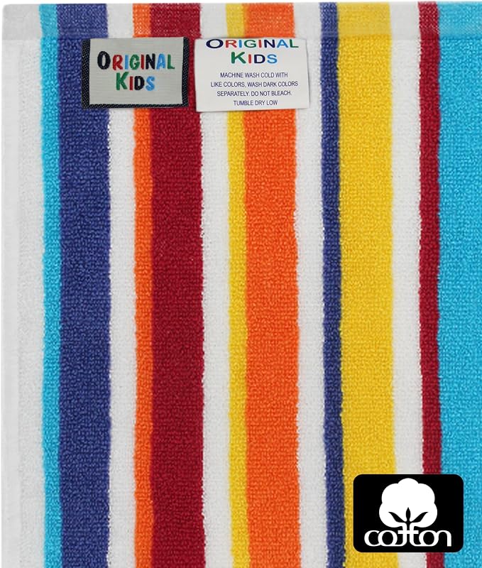 ORIGINAL KIDS Wash Cloth - 12 Pack 100% Cotton Yarn-Dyed Terry Washcloths - 450 GSM Quick Dry Soft Absorbent Gentle Baby Face Towels for Bathroom Travel Daycare - 12 x 12 inches - Cabana Stripe Multi