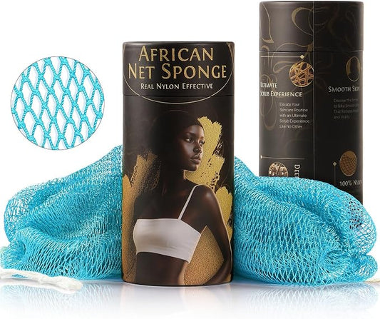 African Net Sponge Authentic Exfoliating Body Scrubber for Shower & Bath, Deep Cleansing Lather for Dead Skin Removal, Back Scrubber Gift for Women & Men（ Blue ）