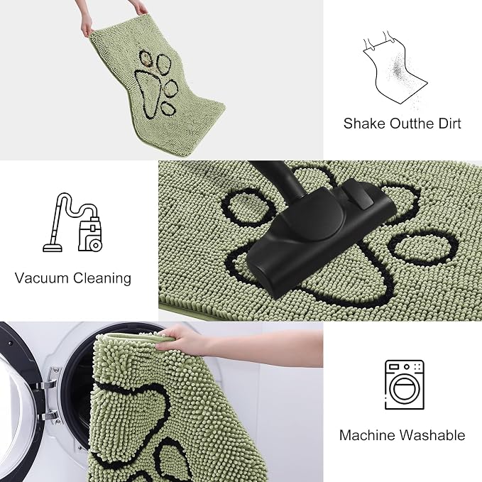 Smiry Dog Door Mat for Muddy Paws, Absorbent Dirt Trapper Non Slip Quick Dry Washable Chenille Mat for Mud Dogs, Entry Rug for Indoor and Outdoor (36x24 Inches, Sage Green and Black)