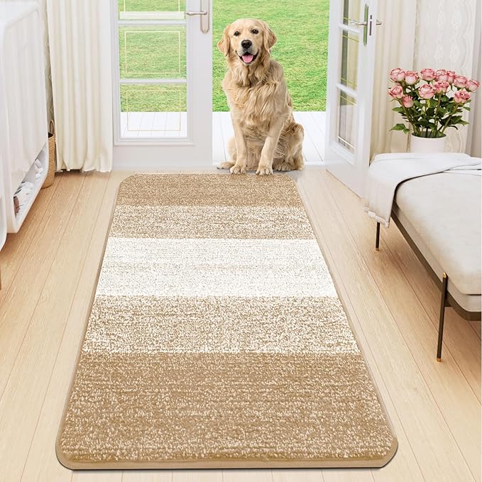 Smiry Dog Door Mat for Muddy Paws, Absorbs Moisture and Dirt, Low-Profile Entryway Mat with Non-Slip Backing, Entry Indoor Outdoor Doormat for Inside Floor (50x30 Inches, Beige, Striped)