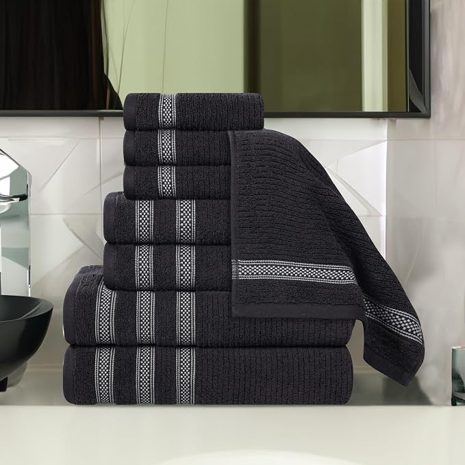 Superior Cotton 8-Piece Towel Set, Zero Twist, Ribbed Geometric, Bathroom Essentials, Shower, Spa, Luxury Plush Soft Absorbent Towels, Includes 2 Bath, 2 Hand, 4 Washcloth/Face Towels, Black