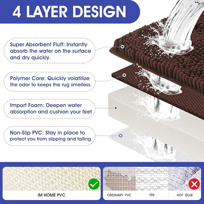 ACCUMTEK Striped Brown Bathroom Rug Mat 59"x20" Ultra Soft, Non Slip Chenille Bath Rugs, Absorbent Plush Shaggy Bath Mats for Bathroom, Bedroom, Kitchen, Shower, Tub