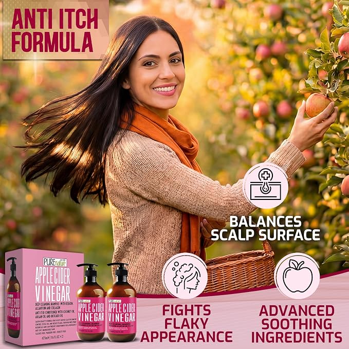 Apple Cider Vinegar Shampoo and Conditioner Set - Sulfate Free, Anti Itch Formula for Flaky Scalp - Buildup Remover for Oily Hair - Frizz Control for Women and Men - 16 Fl Oz (Set of 2)