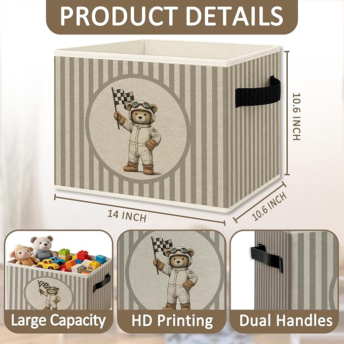 Race Car Bear Nursery Foldable Storage Bins Box with Handles, Neutral Striped Bear Race Car Sports Collapsible Organizer Basket for Boys Kids Bedroom Bathroom Playroom Clothes Books