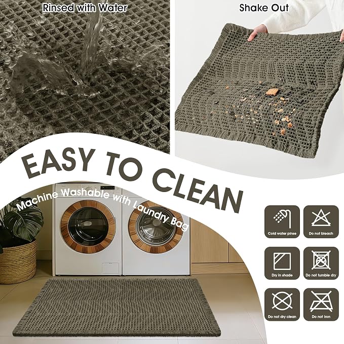 Upgraded Waffle Bath Mat Set 2 Piece Greyish Green-Herringbone, Super Absorbent Non-Slip Quick Dry Bathroom Rugs with Tassels,Machine Washable Ultra Soft Boho Bath Rugs, Bath Mats Boho Farmhouse Decor
