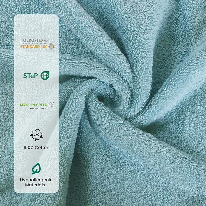 SEMAXE 8-Piece Cotton Bath Towel Set with Hanging Loops for Bathroom, Blue | Complete starter set for daily showers, sink-side use, small bathrooms, and guest baths, OEKO-TEX certified, easy care