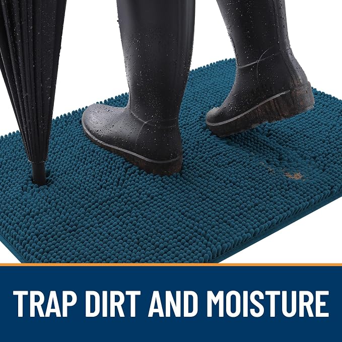 OLANLY Dog Door Mat for Muddy Paws 47x20, Absorbs Moisture and Dirt, Absorbent Non-Slip Washable Doormat, Quick Dry Chenille Mud Mat, Entry Indoor Entryway Carpet for Inside Floor, Atlantic Blue