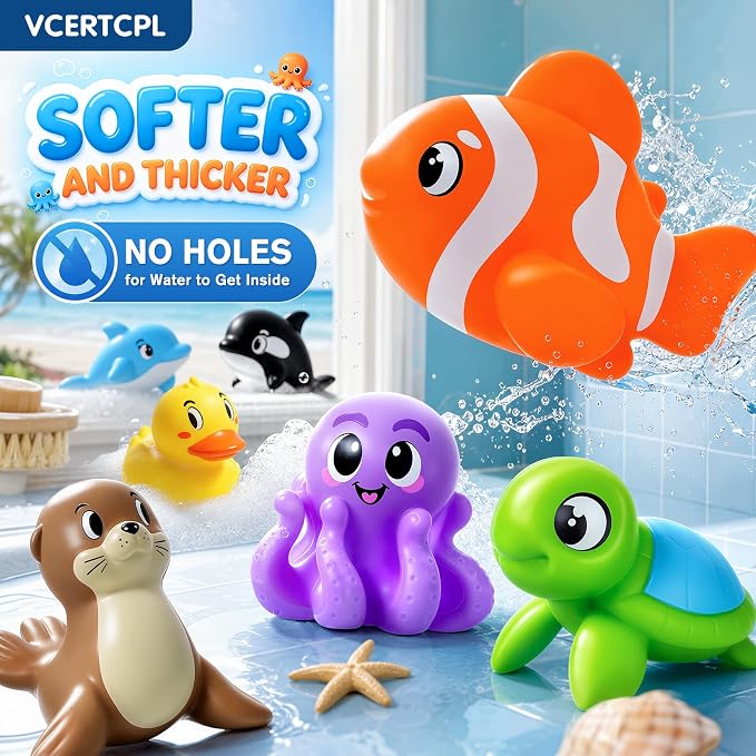 Vcertcpl Bath Toys for Kids Toddler Bathtub Toys, No Hole Baby Bath Toys with Floating Rubber Animals, Watering Can, Duck Net and Spoon, 11 Pack Bathtub Sand Beach Pool Toys Water Toys for Kids