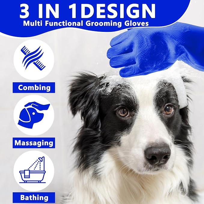 Pet Grooming Gloves—Dog Washing Gloves with High-Density Teeth, Dog Bath Scrubber with Enhanced Five Finger Design, Silicone Gloves for Dogs and Cats Bathing, Massage (Dark Blue)