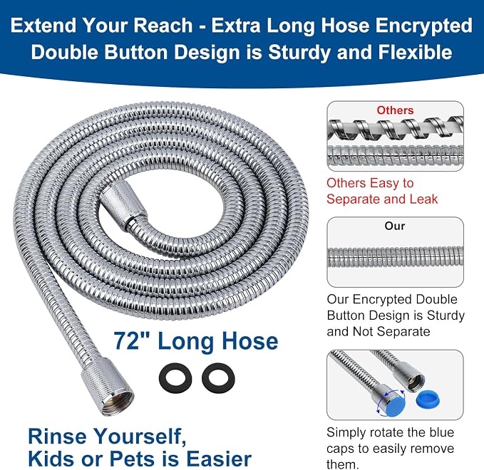 Shower Head with Handheld: Long Hose and Metal Holder, Water Saver Low Flow | California restrictions Showerhead Built-in Power Wash to Clean Tub,Tile & Pets, Multi Mode Adjustment Sprayer,Chrome, 1.8GPM