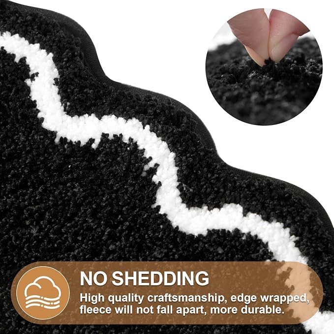 ORTIGIA Black Bath Mat with White Scallop Non Slip, Quick Dry Bath Rug Absorbent Soft Plush Microfiber Bathmat for Bathroom Floor Carpet for Sink Bedroom, 17x24