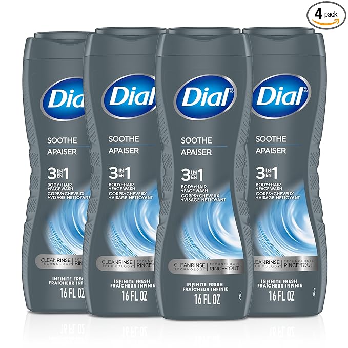 Dial Men 3 in 1 Body, Hair and Face Wash, Soothe, 16 Fl Oz, Pack of 4, Infinite Fresh Scent, Cleanses Deep + Gentle on Skin with Clean Rinse Technology