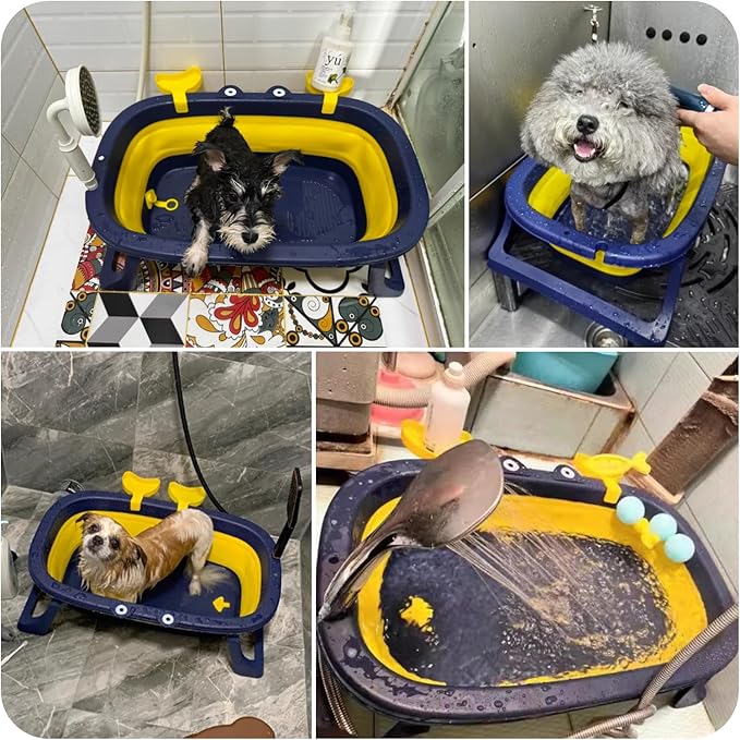 Dog Bath Tub with Dog Toys,Pet Bathtub, Portable Puppy Bathtub for Easy Baths and Easy Storage, Dog Bath Tubs for Small Medium Pets-Foldable Pet Shower Tub with Drainage Hole, 26.5 x 17.2 x 7.8In,Blue