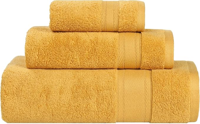 Superior Belmont Zero Twist Cotton Medium Weight Towels, for Guest Bath, Bathroom, Shower, Spa, Plush, Quick Dry, Ultra-Soft Towels, Bath Essentials, Thick Border, 3 Piece Assorted Towel Set, Gold