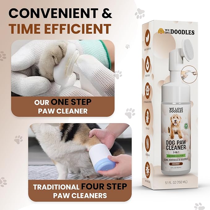 We Love Doodles No-Rinse Dog Paw Cleaner with Built-in Silicone Bristle Brush | 3-in-1 Dirty Paw Washer Foaming Foot Cleaner for Muddy Pet Dogs & Cats | Gentle Waterless Shampoo - Coconut | 5 fl oz