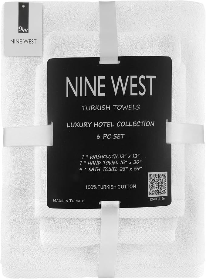 Nine West 6 Piece Hotel Collection Towel Set, 100% Turkish Cotton, Highly Absorbent & Comfy, Includes 4 Bath Towels, 1 Hand Towel & 1 Facecloth Luxury Plush Bathroom Towels | (White)