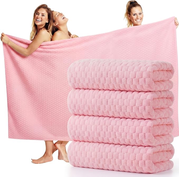 Peryiter 4 Pcs Oversized Bath Towels 40 x 80 Inch Extra Large Pink Bath Sheets for Adults Jumbo Microfiber Towel Coral Velvet Highly Absorbent Bathroom Towels for Adults Home Beach