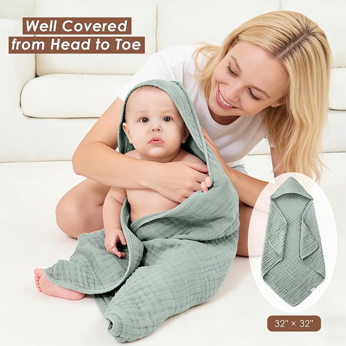 Ease Cubs 3-Pack Muslin Hooded Baby Towels, 100% Cotton, Ultra-Soft & Absorbent Baby Bath Towels with Hood for Babies, Infant, Toddler and Newbron (Emerald Series,32" x 32")