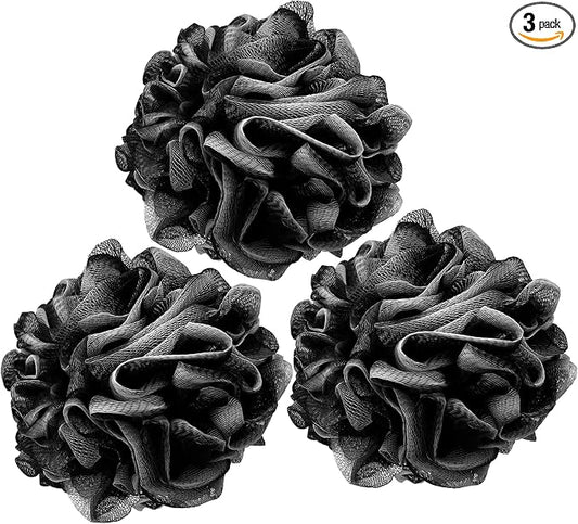 Loofah Charcoal Bath Shower Sponge Body Scrubber,75g XL Exfoliate Mesh Pouf Shower Bouquet,3 Pack Black Large Bath Sponge for Women and Men