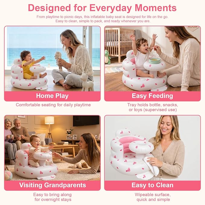 Inflatable Baby Seat for Babies 3-36 Months, Baby Chair with Fence & Built in Air Pump, Blow Up Floor Baby Seat with Back Support, Inflatable Baby Chair Sit Me Up for Home Pink Rabbit-Tray