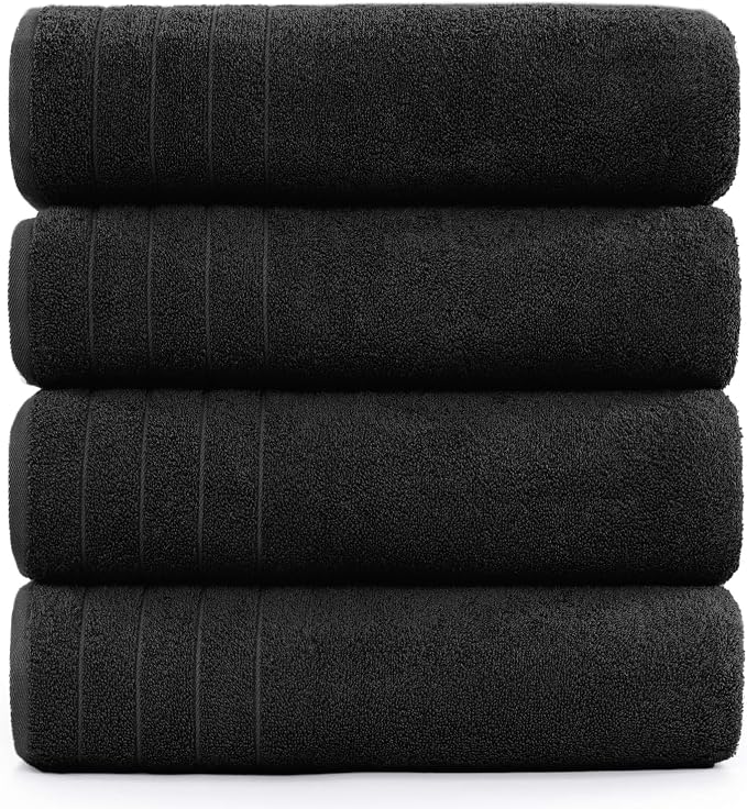 DAN RIVER Extra Large Bath Towels Set of 4, 30 x 60 Inches - 100% Cotton Larger & Lighter Weight Towels for Bathroom - Quicker to Dry, Super Soft & Highly Absorbent Towels for Home, Black