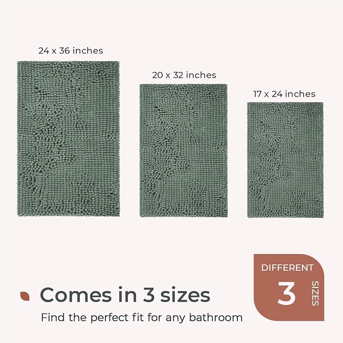 FRESHMINT Chenille Bathroom Rugs Mat 24"x17", Non-Slip Bath Mat for Bathroom Floor & Bathtub, Washable Soft Shower Shag Bath Rugs, Fluffy Thick Water Absorbent Microfiber Shower Mat, Sage Green