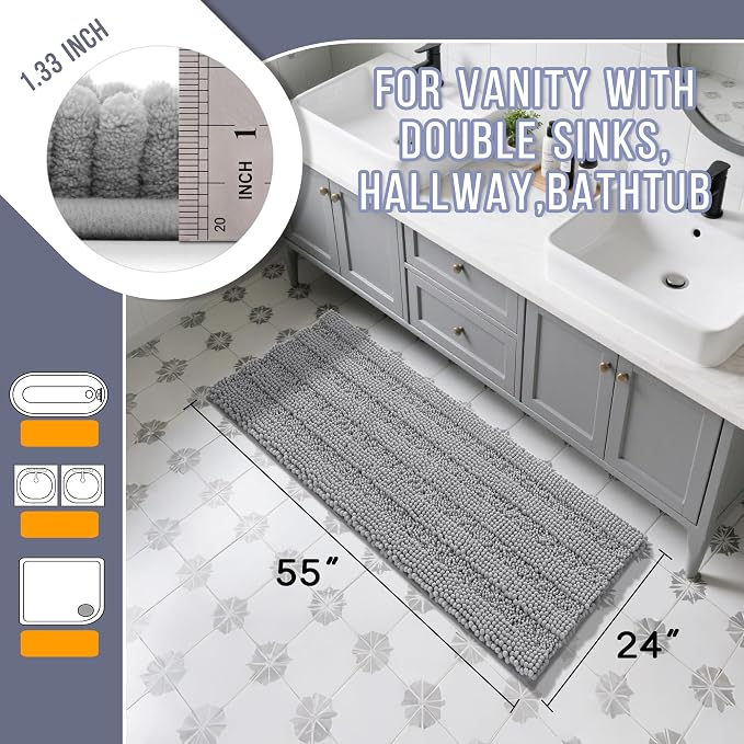 Yimobra Bathroom Runner Rugs 55"x24", Non Slip and Absorbent Bath Mat, Super Soft Water Absorbent Hallway Carpet, Machine Washable Rug for Vanity Tub Shower, Gray