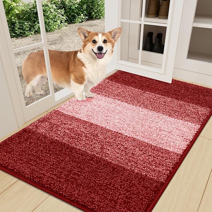 Smiry Dog Door Mat for Muddy Paws, Absorbs Moisture and Dirt, Low-Profile Entryway Mat with Non-Slip Backing, Entry Indoor Outdoor Doormat for Inside Floor (36x24 Inches, Burgundy, Striped)