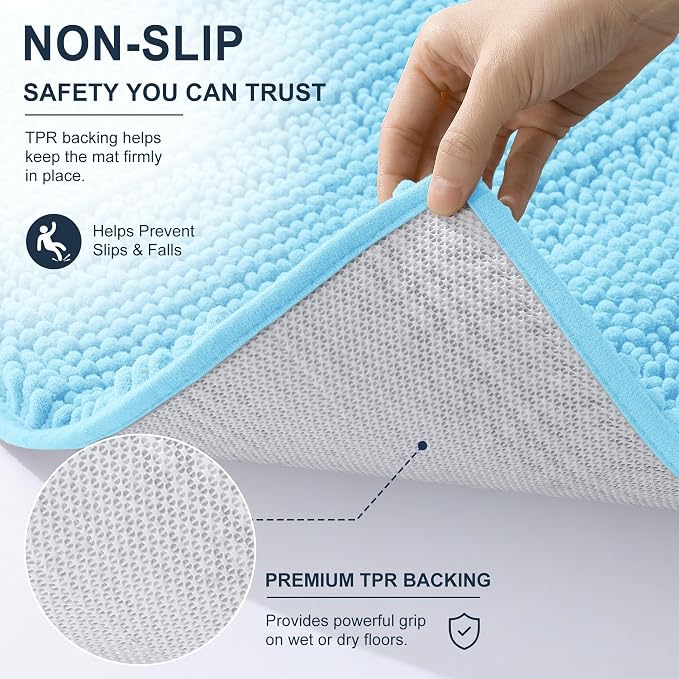 Smiry Thick Chenille Bathroom Runner Rugs 44x24, Extra Absorbent Striped Bath Mat, Machine Washable, Rubber Backing, Long Bath Rugs for Bathroom, Tub & Shower, Home Decor Accessories, Sky Blue