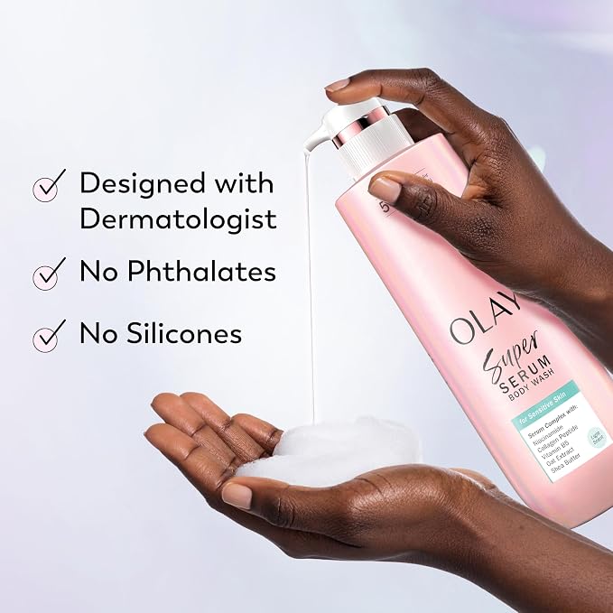 Olay Super Serum Body Wash for Sensitive Skin, 24hr Long Lasting Rich Hydration, 5+ Ingredient Complex for Bright, Even, Firm & Luminous Skin, with Collagen Peptide, Vitamin B5 & Shea Butter, 20 fl oz