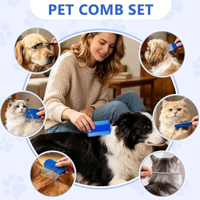 7 Pack Pet Grooming Comb Set for Dogs & Cats, Stainless Steel Rounded Teeth Combs, Detangling Comb, Flea Comb, Tear Stain Remover, Eye Hair Grooming Tools for Small Medium Large Pets