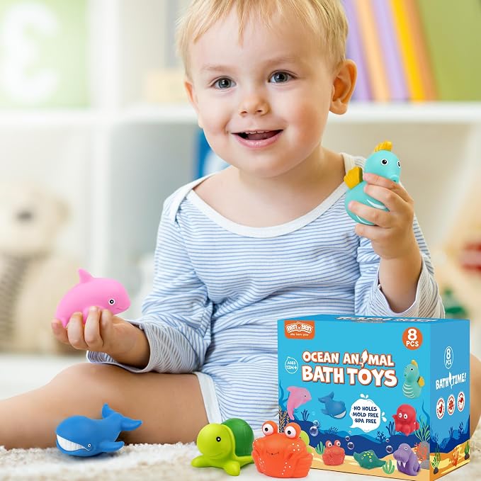 LotFancy® Bath Toys, 8 Pack Mold Free Bath Toys for Kids Ages 1-3, No Holes Baby Bath Toys for Toddlers 2-4, Ocean Sea Animal Bathtub Toys, Soft Floating Pool Water Table Toys