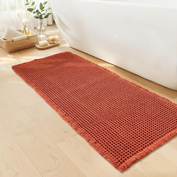Waffle Bath Mat - Boho Bathroom Rugs Non Slip Washable, Super Absorbent & Quick Dry, Soft Bath Mat Farmhouse Bathroom Decor, 24'' x 48'', Dirty Orange