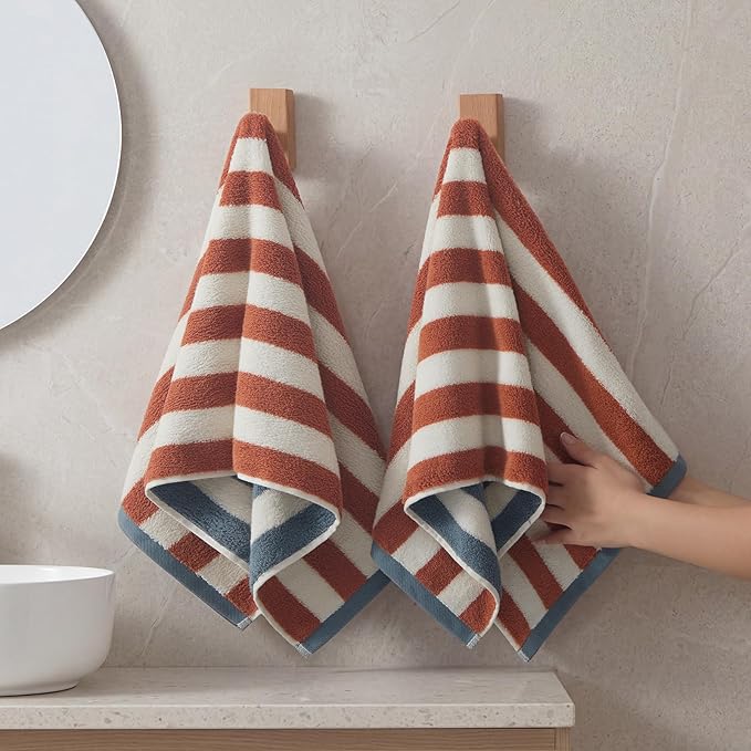REDKISS Brown Striped Hand Towels for Bathroom, Kitchen Decor, Guest Use, Ultra Soft and Highly Absorbent for Kids Adults, 100% Cotton, 12” x 28”, 2 Pack