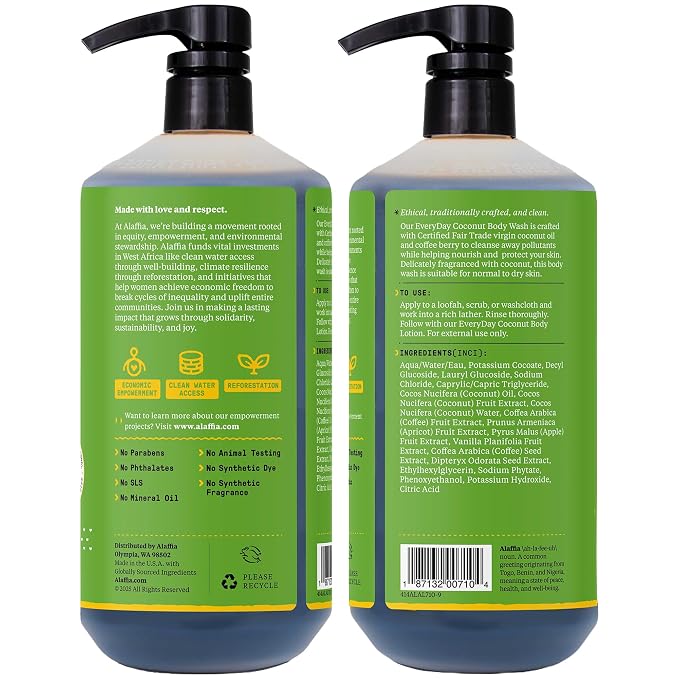 Alaffia Body Wash, EveryDay Coconut – Purely Coconut Gentle Skin Cleanser for Normal to Dry Skin, 32 Oz