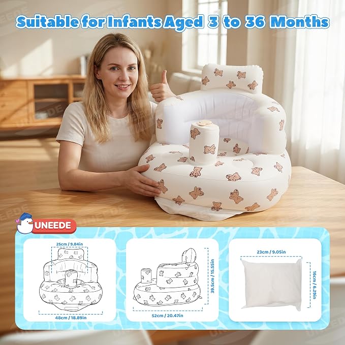 UNEEDE Inflatable Baby Seat for 3 Months & Up with Built in Air Pump | Baby Chair Floor Seat for Baby, Bumbo Seat for Learning to Sit, Feeding, Travel Baby Seat for Home, Camping, Beach & Outdoor