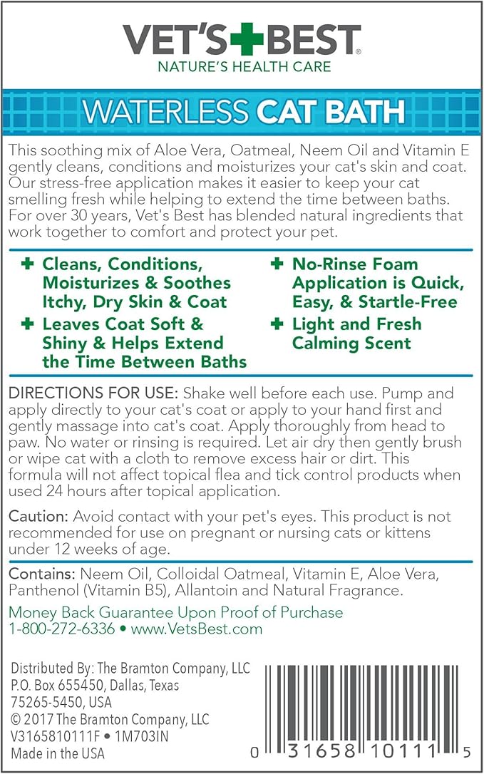Vet's Best Waterless Cat Bath, No Rinse Waterless Dry Shampoo for Cats, Veterinarian Formulated Cat Shampoo, Kitten Shampoo, 4 oz