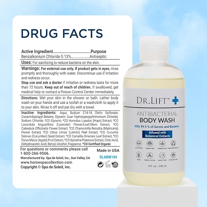 DR. LIFT Antibacterial Body Wash, Refreshing Scent, Hydrating Shower or Bath Cleanser With Citric Acid, Spirulina, and Lemon, Clean Moisturizing Formula, Vegan, Paraben and Phthalate Free, 8 Fl Oz