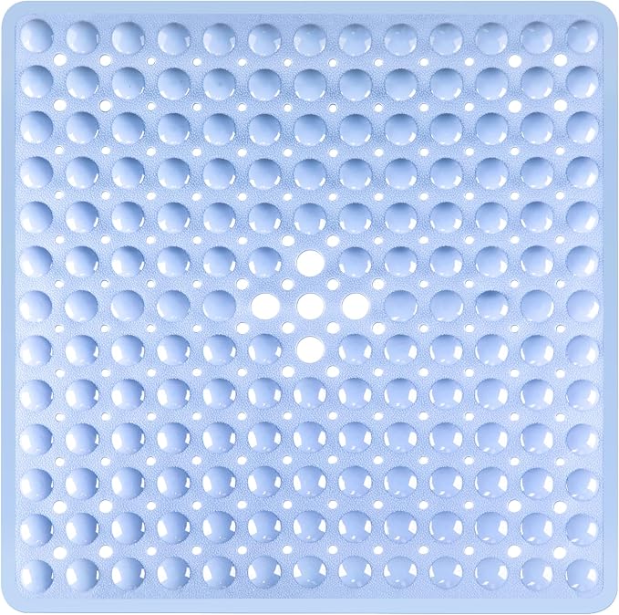 Square Shower Bathtub Mat Non Slip for Inside Shower Light Blue 21x21 Inch, Shower Stall Mats for Bathroom Floor, Soft Bath Mat for Tub with Big Suction Cups Drain Holes, Easy Washable Dry