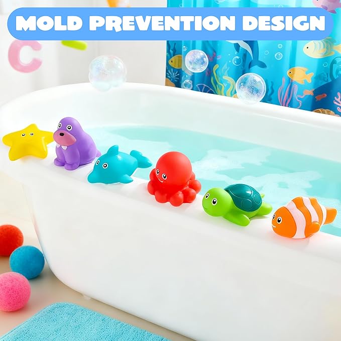 JOYIN 6 Pcs Sea Animal Bath Toys, Sealed & No-Hole & Mold Free Bathtub Toys for Kids, Non-Toxic & Soft Water Vehicles Toys for Boys and Girls, Squeezable & Float on Water, Ideal for Bath & Pool Time