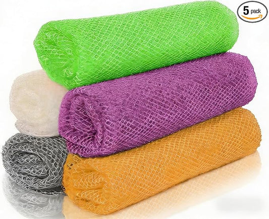 5 Pieces African Net Sponge – Deep Cleansing & Exfoliating Mesh for Glowing Skin – Stretchable, Quick-Dry Material for Daily Shower Use (Green, Purple, Orange, Gray, White)