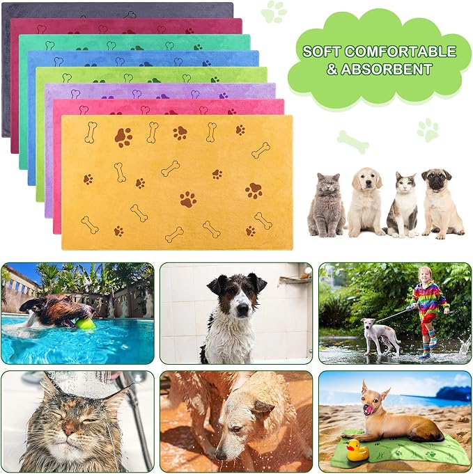 Chumia 8 Pcs Microfiber Dog Towels for Drying Dogs Cats 40 x 24 Inch Pet Towels Bulk for Large Puppy Absorbent Fast Drying Paw Bath Bathing Supplies for Pets(Dog Paw and Bone, Colorful)