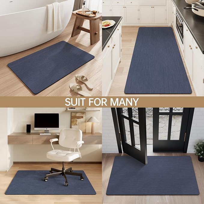 Mecko Bath Mat Rug, Rubber Non-Slip Quick Dry Absorbent Thin Bathroom Rugs Fit Under Door Bathroom Floor Mats-Shower Rug for in Front of Bathtub, Sink, Shower Room(Navy Blue,16"x24")