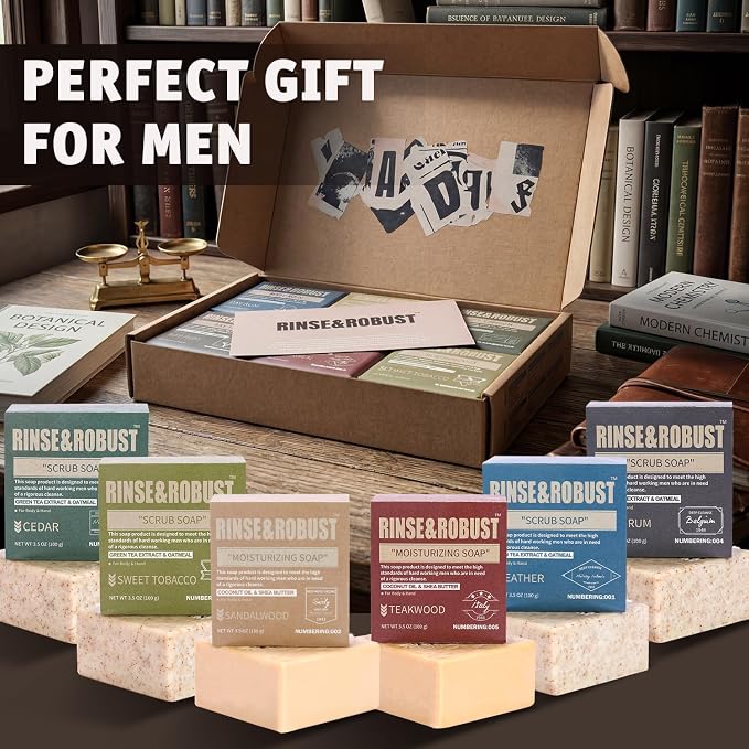 Rinse & Robust Mens Soap Bar Set 6Pcs Natural Handmade Cleansing Bar Soap Set Moisturizing Exfoliating Scrub Soap Fathers Day Gift for Dad All Skin Type, 6 Different Scents, 3.5 oz of 6 Bars