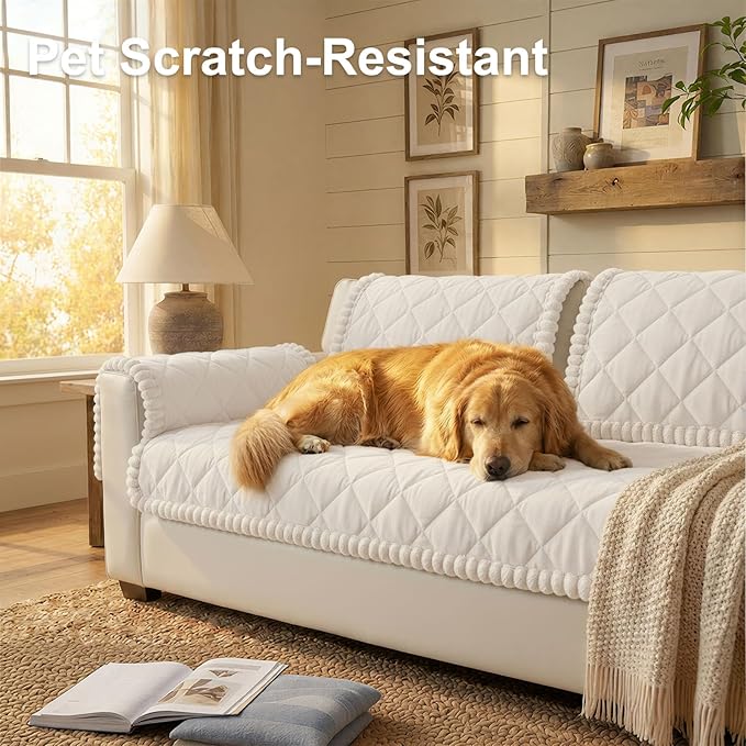Smiry Couch Cover for Dogs, Non Slip Washable Pet Sofa Protector for Large Dogs, Cats, Fuzzy Plush Sofa Covers for Sectional Sofa, Against Fur, Dirt & Scratch Resistant, White, 43"×63"