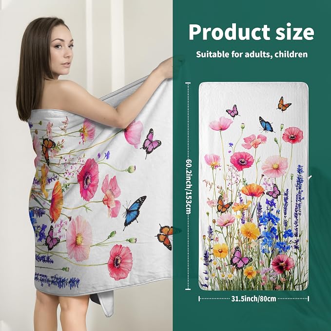 Spring Summer Wildflowers Bath Towel Colorful Floral Butterfly Oversized Towel for Women Bathroom