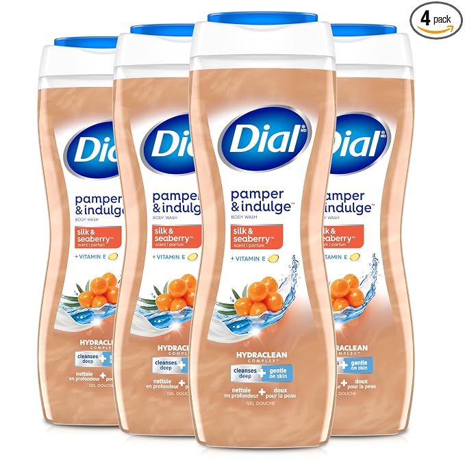 Dial Body Wash, Hydraclean Complex & Vitamin E, Gentle, Leaves Skin Feeling Nourished, Dermatologist-Tested, No Parabens & Sulfates, Pamper & Indulge, Silk & Seaberry, 16 fl Oz (Pack of 4)