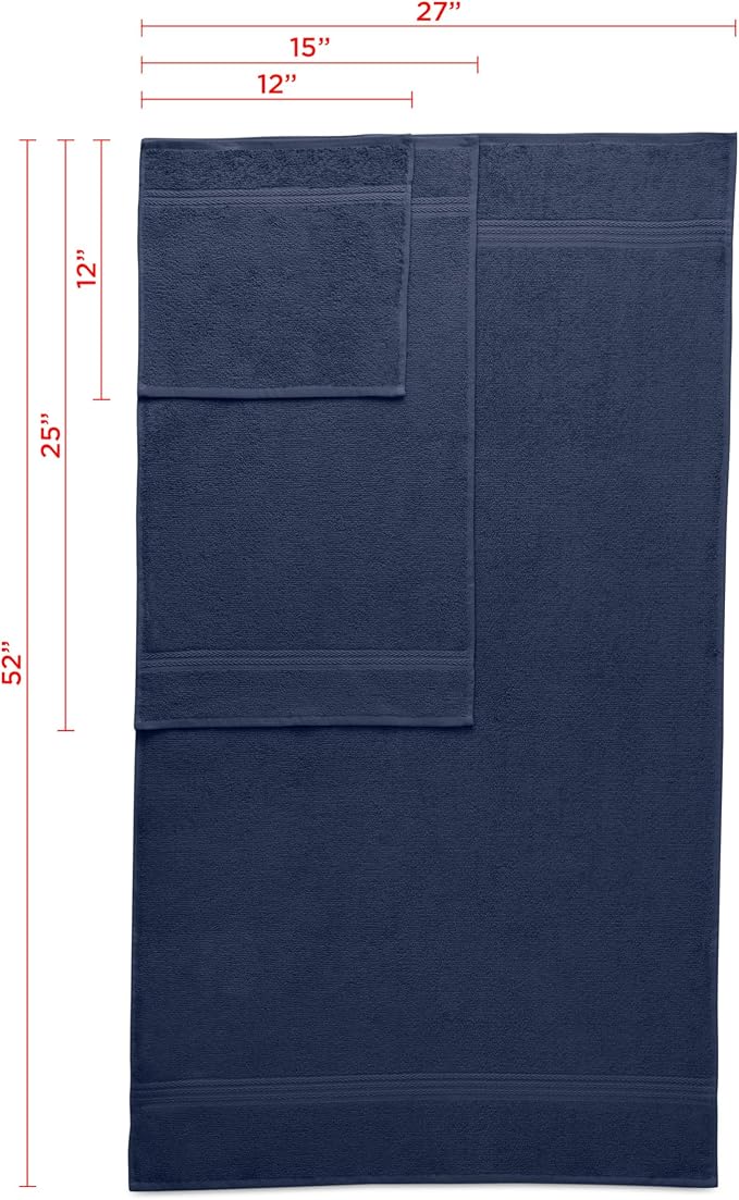 Martex Easy Living Everyday 6-Piece Bathroom Towel Set, Navy | 2 Bath Towels, 2 Hand Towels, 2 Wash Cloths, 100% Cotton, Soft, Quick-Dry